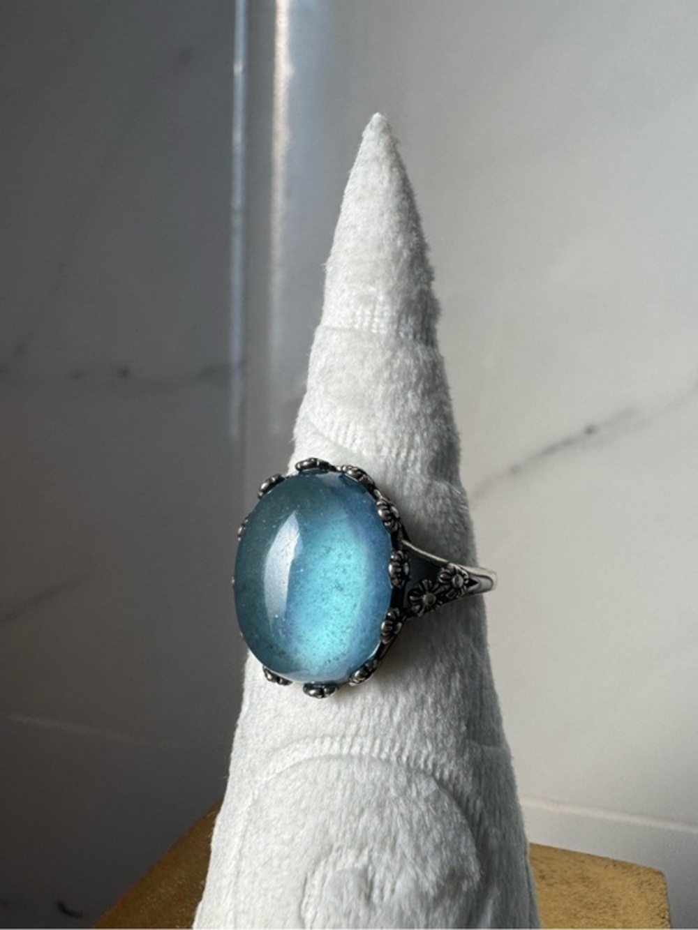 S925 silver ring aquamarine cabochon vintage style ring size 7 blue oval